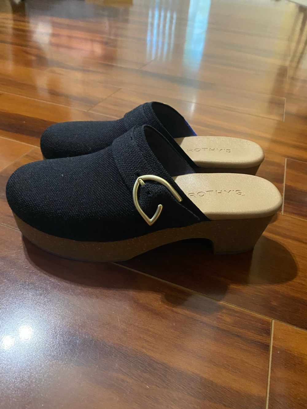 Rothy's Black Clog Mules with Tan Platform and Gold Buckle